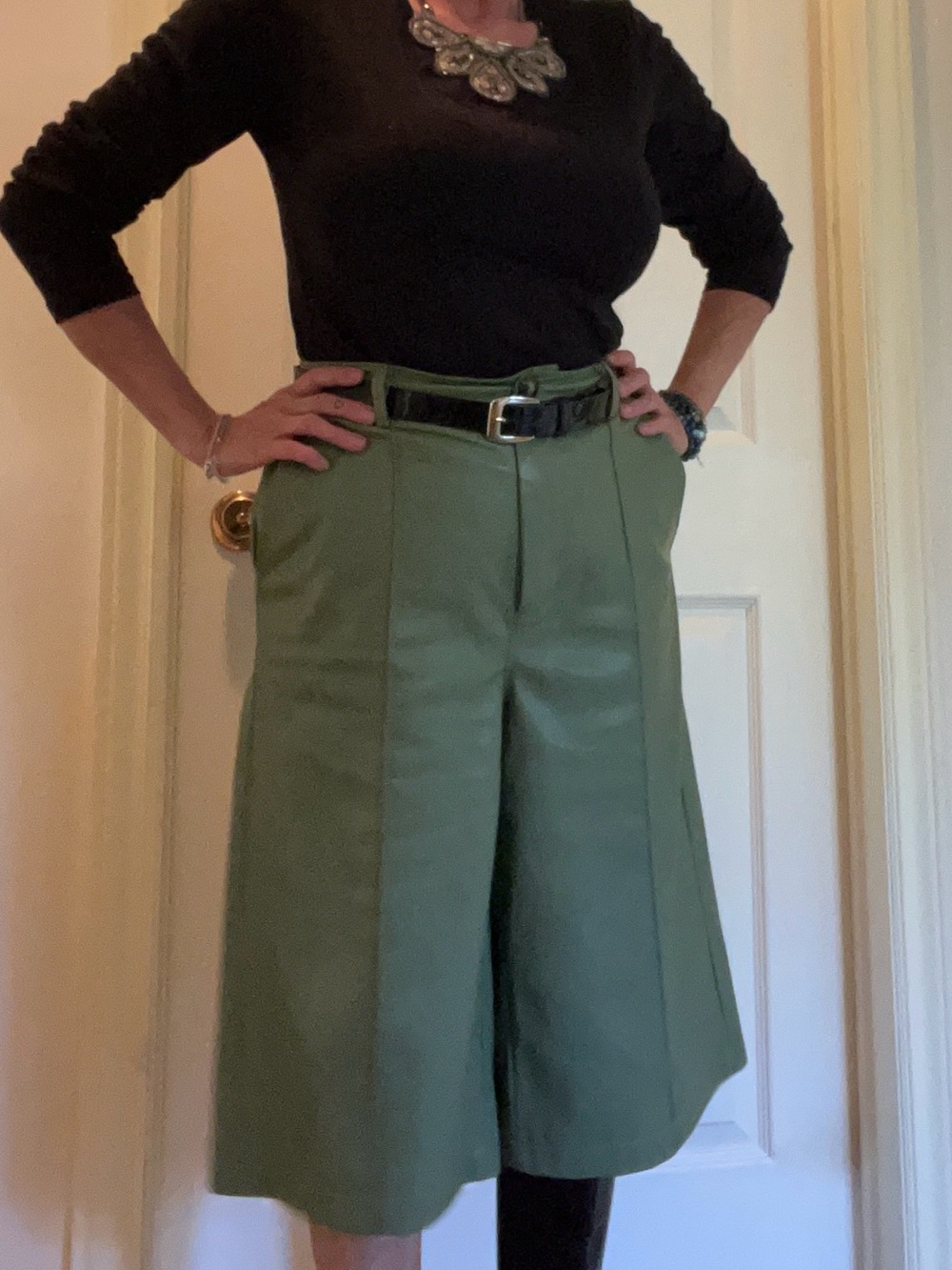 High-Waist Sage  Green Faux Leather Bermuda Shorts - Picture 7 of 8